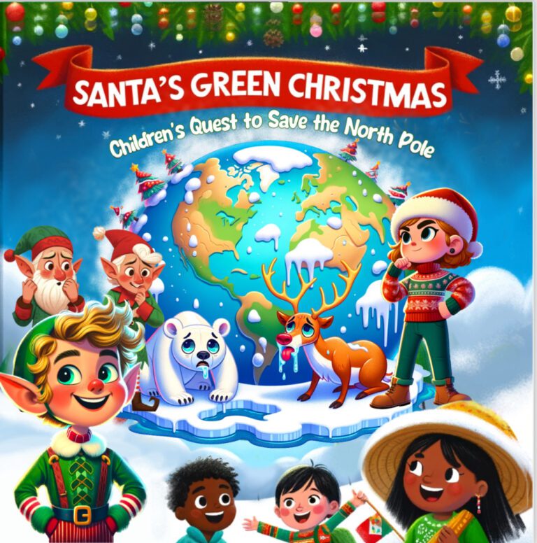 Illustration for 'Santa's Green Christmas,' depicting a children's quest to save the North Pole. Central to the image is a vibrant globe with the North Pole melting, surrounded by characters including elves, a polar bear, a reindeer, and diverse children celebrating. Above, the title 'SANTA'S GREEN CHRISTMAS' is displayed in festive red lettering, with a subtitle 'Children's Quest to Save the North Pole.' The scene is cheerful and colorful, set against a backdrop of a starry night sky with soft snowflakes and decorative lights, conveying a message of environmental awareness and festive joy.