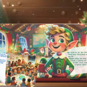 Illustration from ‘Santa’s Green Christmas’ showing elves in a festive room discussing how to make Christmas eco-friendly.