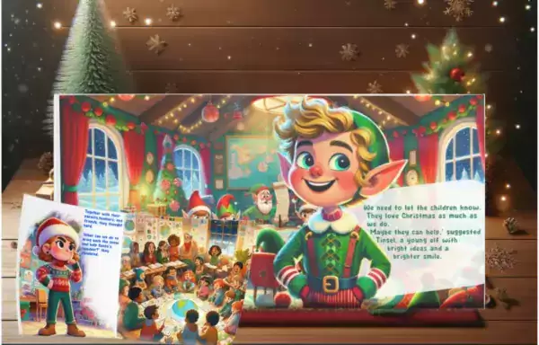Illustration from ‘Santa’s Green Christmas’ showing elves in a festive room discussing how to make Christmas eco-friendly.